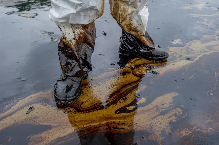 Photo petroleum spill mixed with other chemical substances on sea and sand surface. 