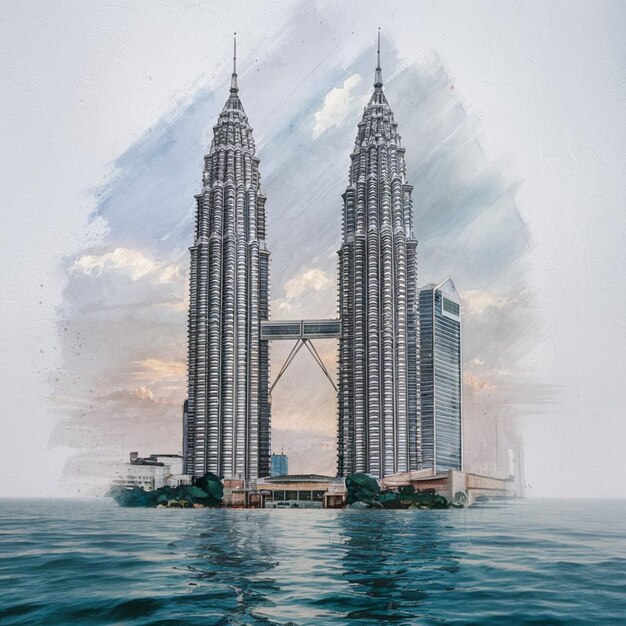 Photo petronas tower with water color effect