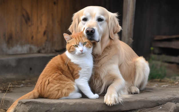 Pets cat and dog hugging together outdoor animal friendship in the family generative ai
