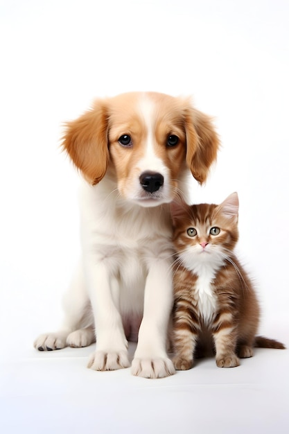 Pets Dog And Cat Posing In White Studio Background