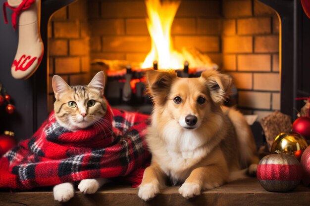 暖炉の近くで散歩するペット 暖炉で一緒に猫と犬 クリスマスの気分 ジェネレーティブAIイラスト