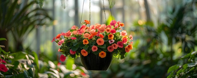 Foto fiore di petunia appeso in vaso crescendo fiori primaverili in grandi serre di vetro