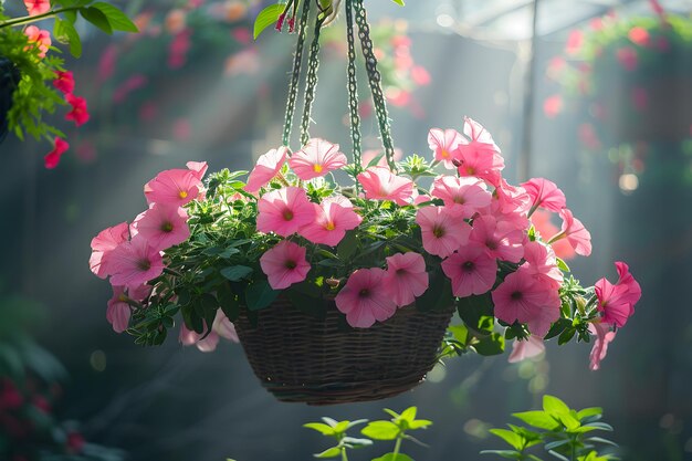 Foto fiore di petunia appeso in vaso crescendo fiori primaverili in grandi serre di vetro