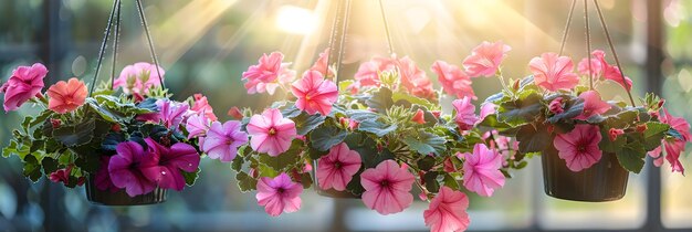 Foto fiore di petunia appeso in vaso crescendo fiori primaverili in grandi serre di vetro