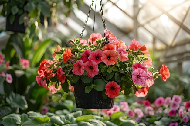 Foto fiore di petunia appeso in vaso crescendo fiori primaverili in grandi serre di vetro