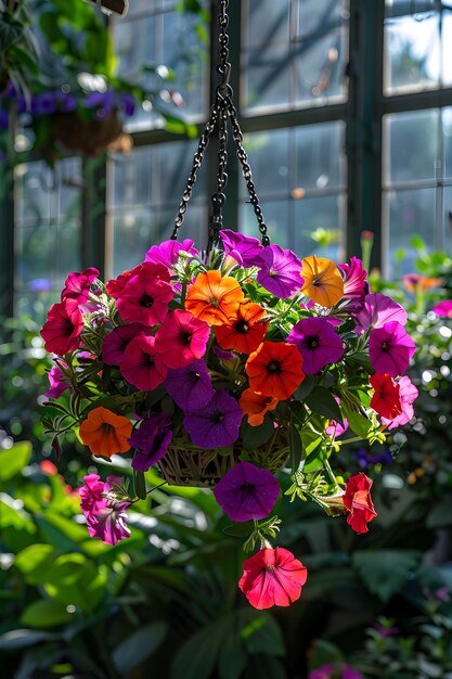 Foto fiore di petunia appeso in vaso crescendo fiori primaverili in grandi serre di vetro