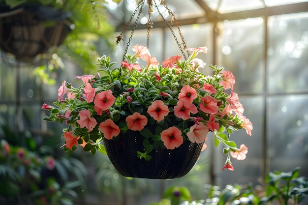 Petuniabloem in een pot Groeiende voorjaarsbloemen in grote glazen kassen