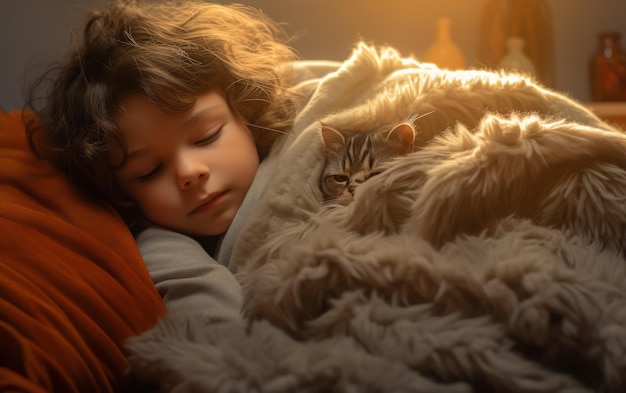 Peuter en kitten slapen samen in een zonovergoten kamer