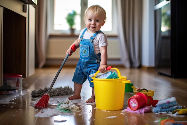 Peuter helpt met het wassen van de vloer met een dweil indoor shot van een schattige baby jongen die helpt het huis schoon te maken