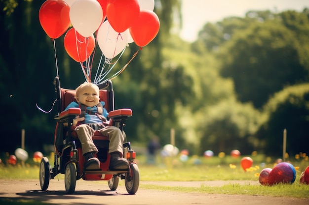 Peuter in een rolstoel in het park met witte en rode ballonnen gebonden aan de stoel generatieve ai