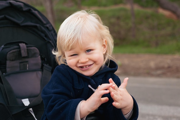 Peuter schattige babyjongen in een kinderwagen