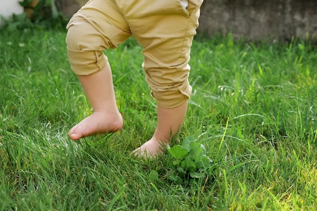 Peuterzoon in beige broek op blote voeten loopt op vers groen gras op zonnige dag dichtbij lage hoekschot