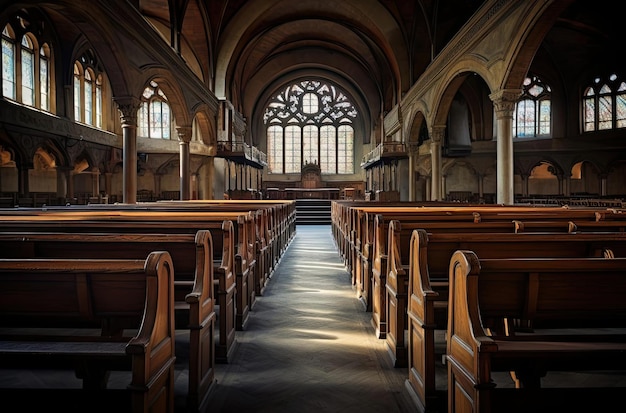 the pews are gray brown wood in the style of preworld war ii school of paris