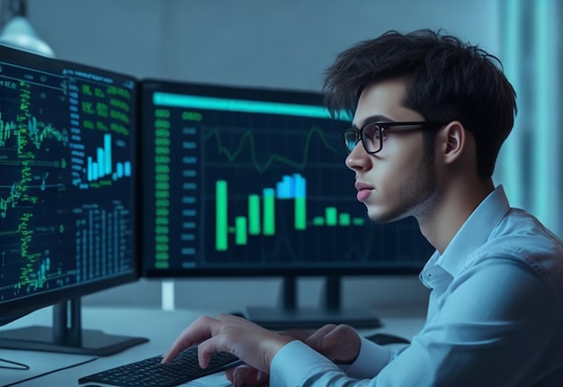 Ph man sits at a desk in front of two computer monitors with the words'data exchange'on the screen