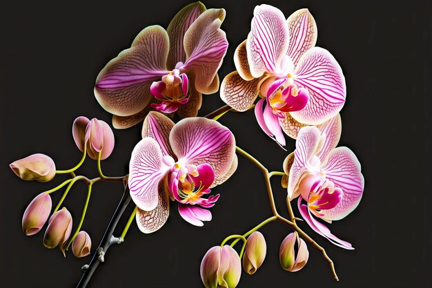Phalaenopsis roze orchideebloemen op tak in de zomer op zwarte achtergrond
