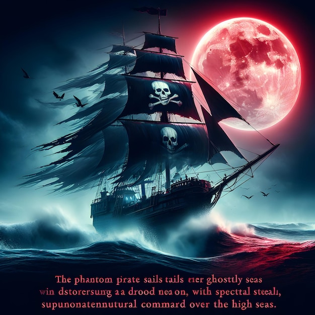 Photo the phantom pirate sails the ghostly seas under a bloodred moon with spectral stealth showcasing