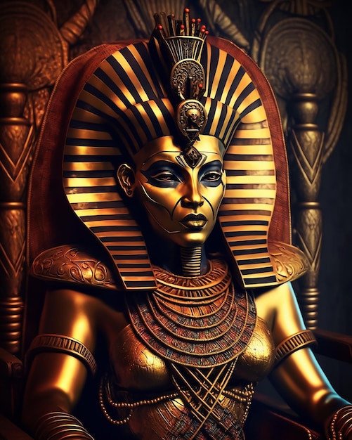 A Pharaoh Egyptian Goddess Queen Statue in golden mask and golden Accessories sitting on throne