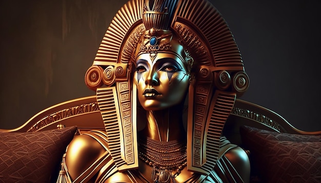 A Pharaoh Egyptian Goddess Queen Statue in golden mask and golden Accessories sitting on throne