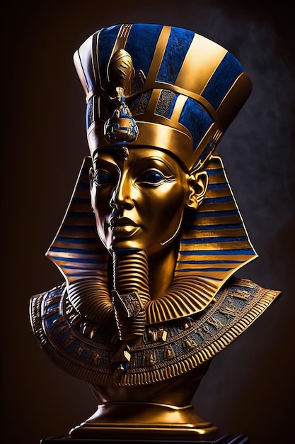 A Pharaoh Egyptian Goddess Queen Statue in golden mask and golden Accessories sitting on throne