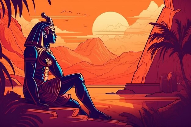 Pharaoh in an Oasis Side View Retro Wave