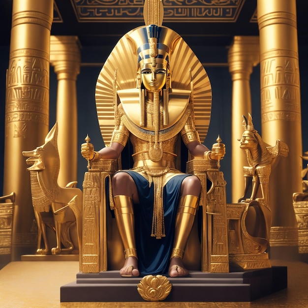 Pharaoh sitting on a chair of gold inside the temple photo