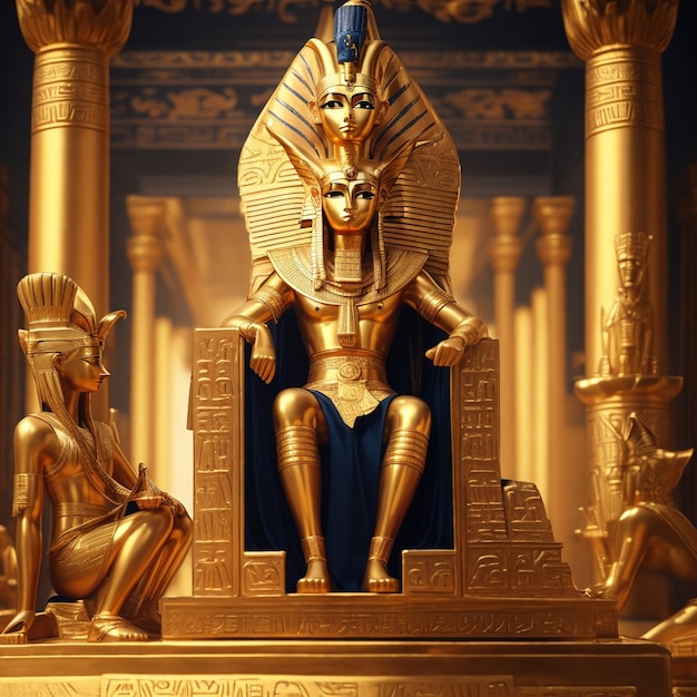 Pharaoh sitting on a chair of gold inside the temple photo