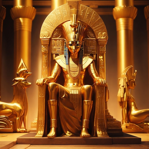 Pharaoh sitting on a chair of gold inside the temple photo