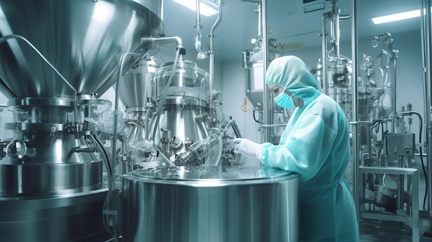 Photo pharma clean production room with worker generative ai