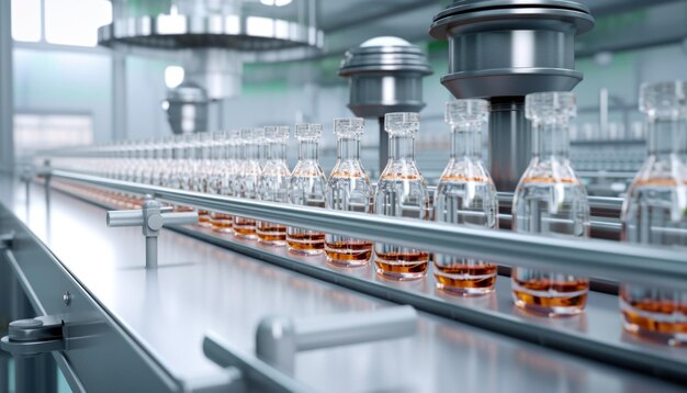 Pharma factory with conveyor line glass bottles