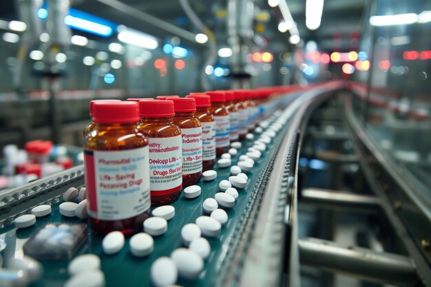 Photo pharmaceutical bottles on production conveyor belt