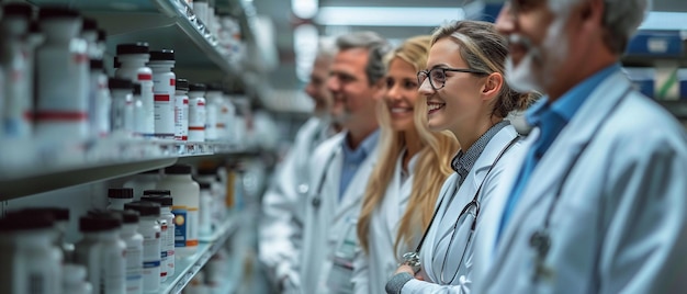 Foto un esperto farmaceutico discute nuovi farmaci con gli operatori sanitari