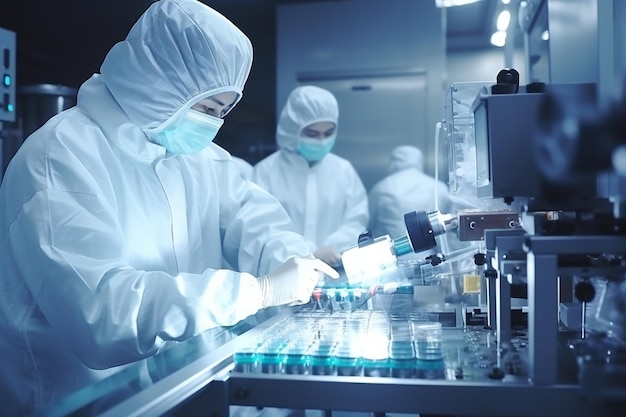 Pharmaceutical factory man worker in protective clothing operating production line in sterile