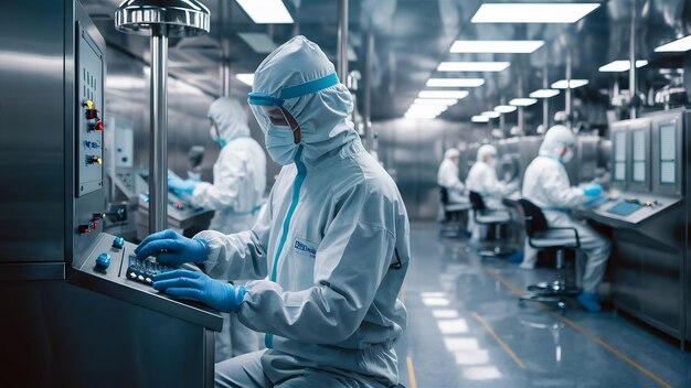 Pharmaceutical factory man worker in protective clothing working with control panel in sterile work