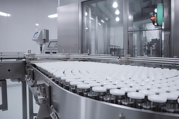 Pharmaceutical factory production line conveyor belt AI technology generated image