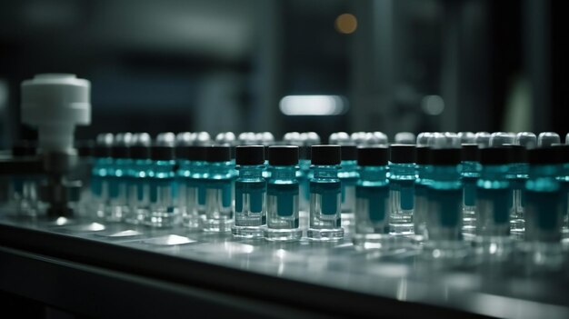 Photo pharmaceutical factory with conveyor of glass bottles and ampoules closeup image of glass ampules