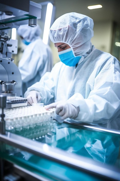 Photo pharmaceutical industry man worker in protective clothing operating production of tablets in sterile