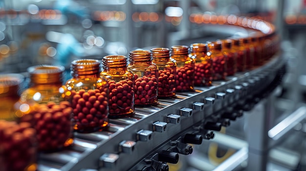 pharmaceutical industry medicine pills are filling in the bottle on production line machine conveyor
