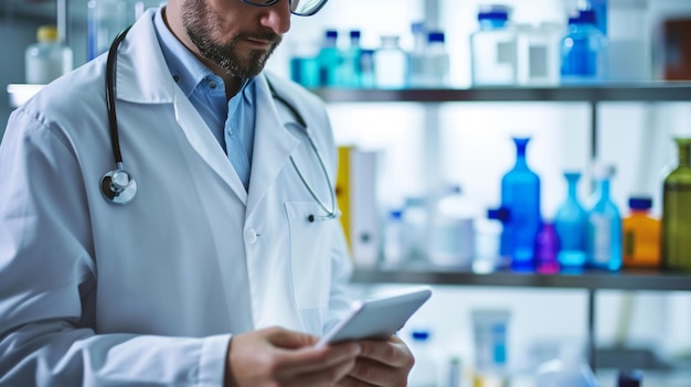 Photo pharmaceutical lab worker is viewing information on tablet indoors