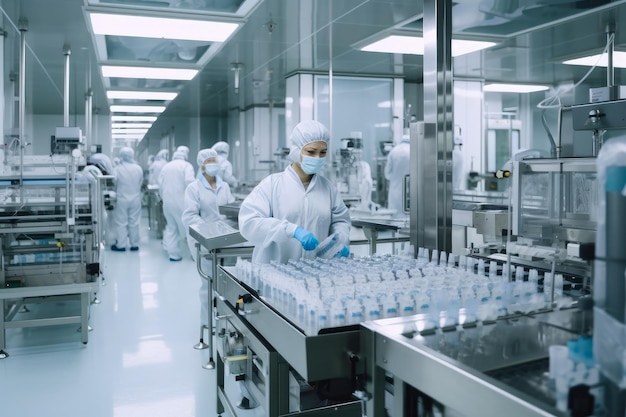 A pharmaceutical manufacturing plant with workers producing syringes and medications for public