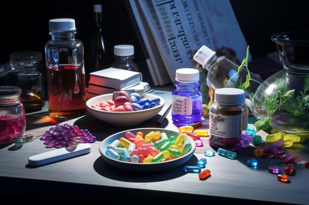 写真 薬剤とカプセルを木製のテーブルで 暗い部屋で生成します