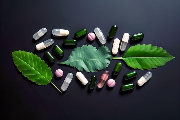 Pharmaceutical medicine pills and capsules with green leaves on black background Generative AI