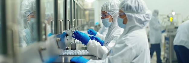 Pharmaceutical packaging facility workers operate advanced machinery to package and label medication