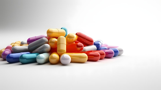 pharmaceutical pills stack on white background AI generative