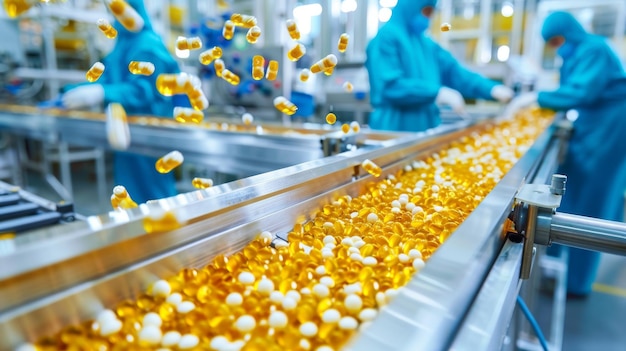 Photo a pharmaceutical production line with capsules being filled and processed