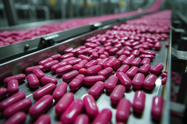 인공지능으로 생성된 분홍색 알약을 가진 의약품 생산 라인