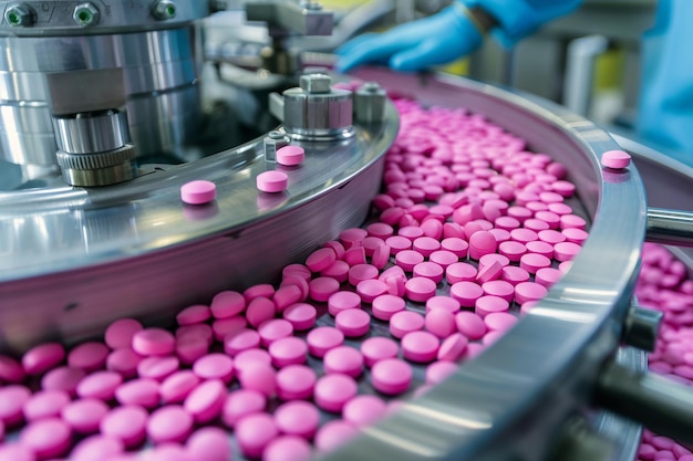 Pharmaceutical Production Line with Pink Pills with AI generated