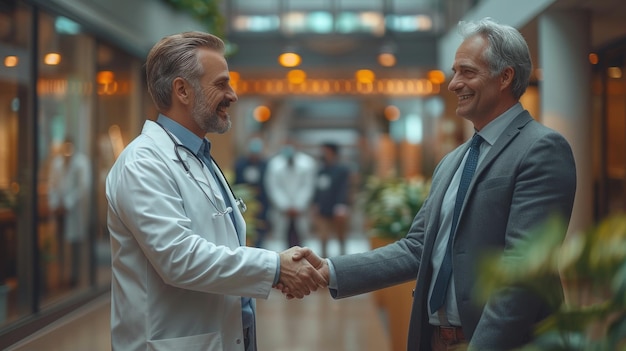 Pharmaceutical Rep and Doctor Shaking Hands in Clinic