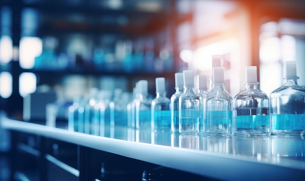 pharmaceutical store background in blur bluish hues Medicines arranged on the shelves