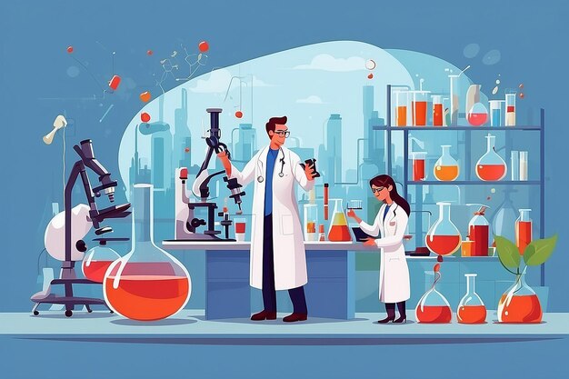 Photo pharmaceuticals laboratory flat composition with scientist characters working illustration