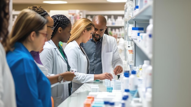 Photo pharmacist advises customers in the pharmacy